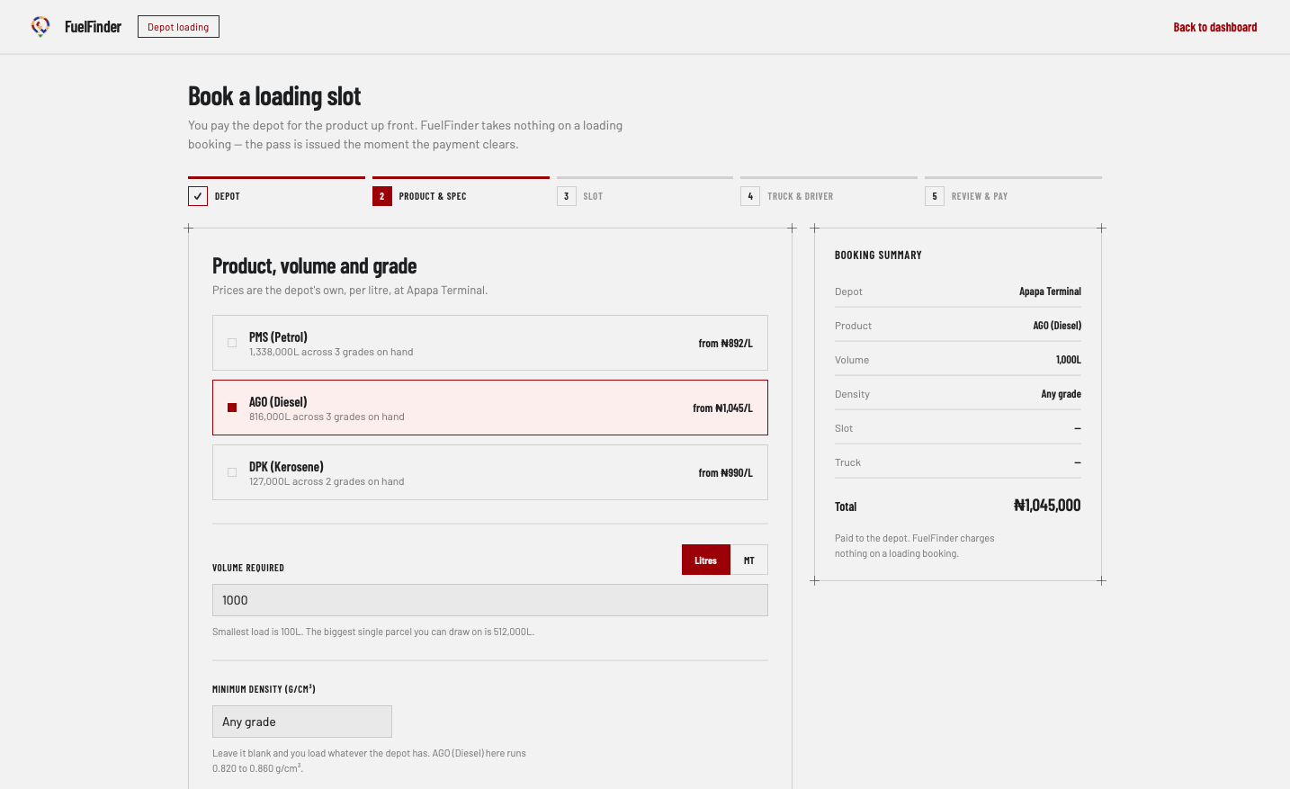 Booking a depot load, with the minimum density field under the volume