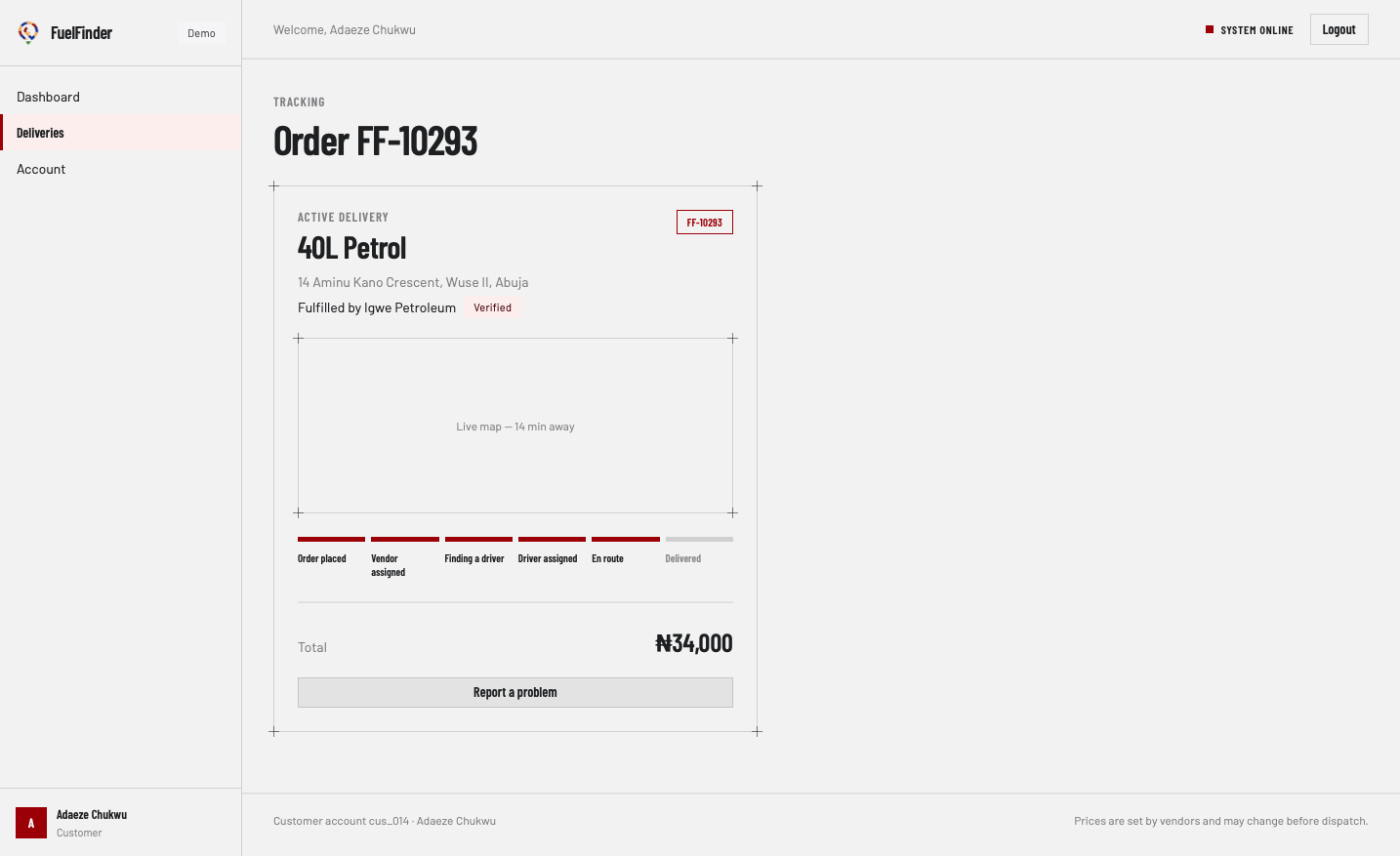 A customer tracking a delivery through its six real states