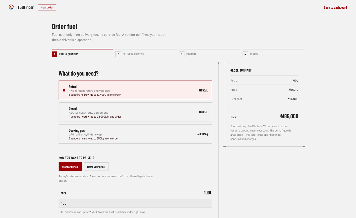 Ordering a delivery: fuel and quantity, address, payment and review, with the running total on the right