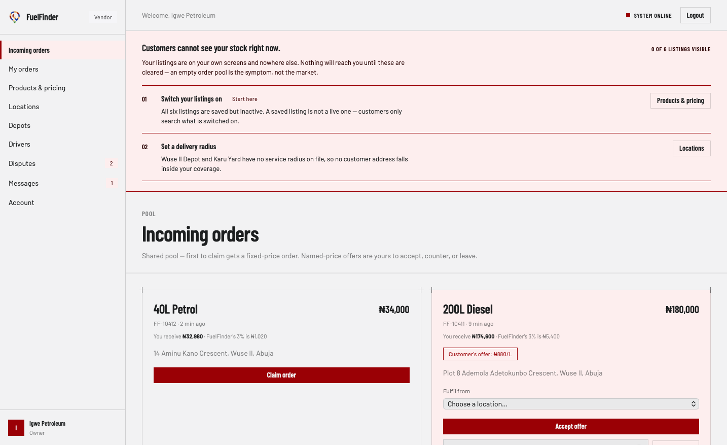The vendor incoming order pool of unclaimed orders