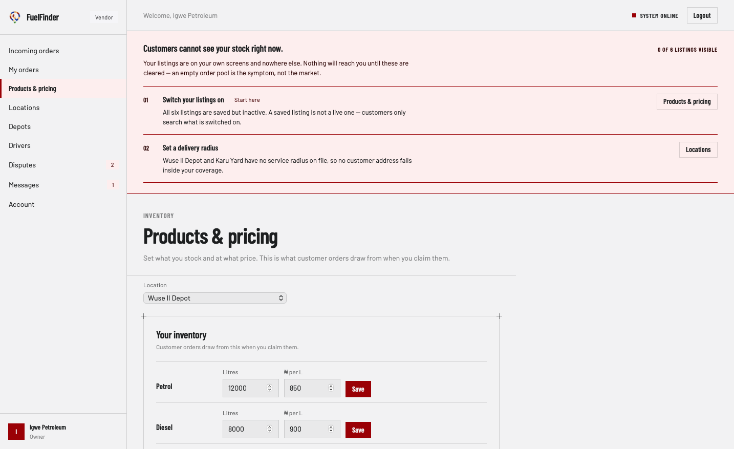 A vendor's products, prices and density listings per location